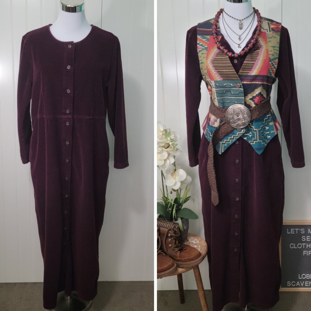 Vtg L.L. Bean Cabincore Cottagecore Old Money Corduroy Maxi Shirt Dress Plum 12